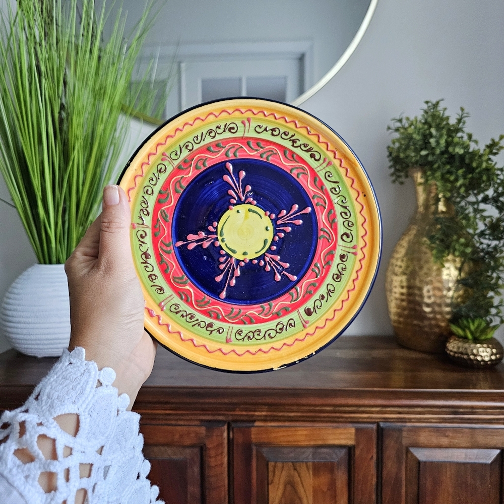 Handmade Spanish Ceramic Plate 8” Colorful Folk Art Majolica Wall Decor Spain